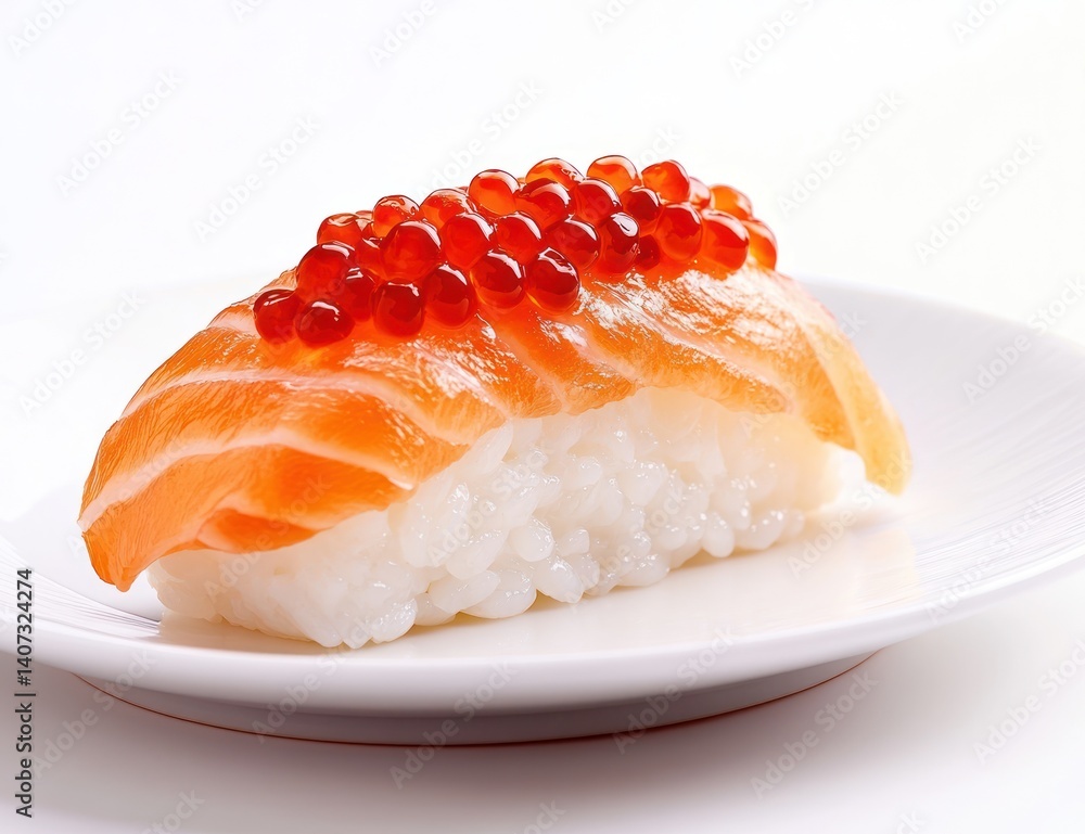 Salmon sushi with roe on a white plate against a white background. Salmon sushi with roe on a white plate against a white background.