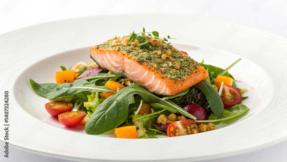 Freshly Plated Salmon with Herb Crust and Mixed Greens
Freshly Plated Salmon with Herb Crust and Mixed Greens