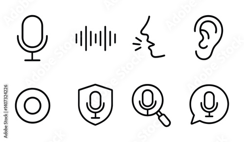 outline vector icons of smart search: AI icon, suggestion engine, chatbot search, smart results, semantic query, predictive input, voice command, contextual match. No text. The icons should be clean.