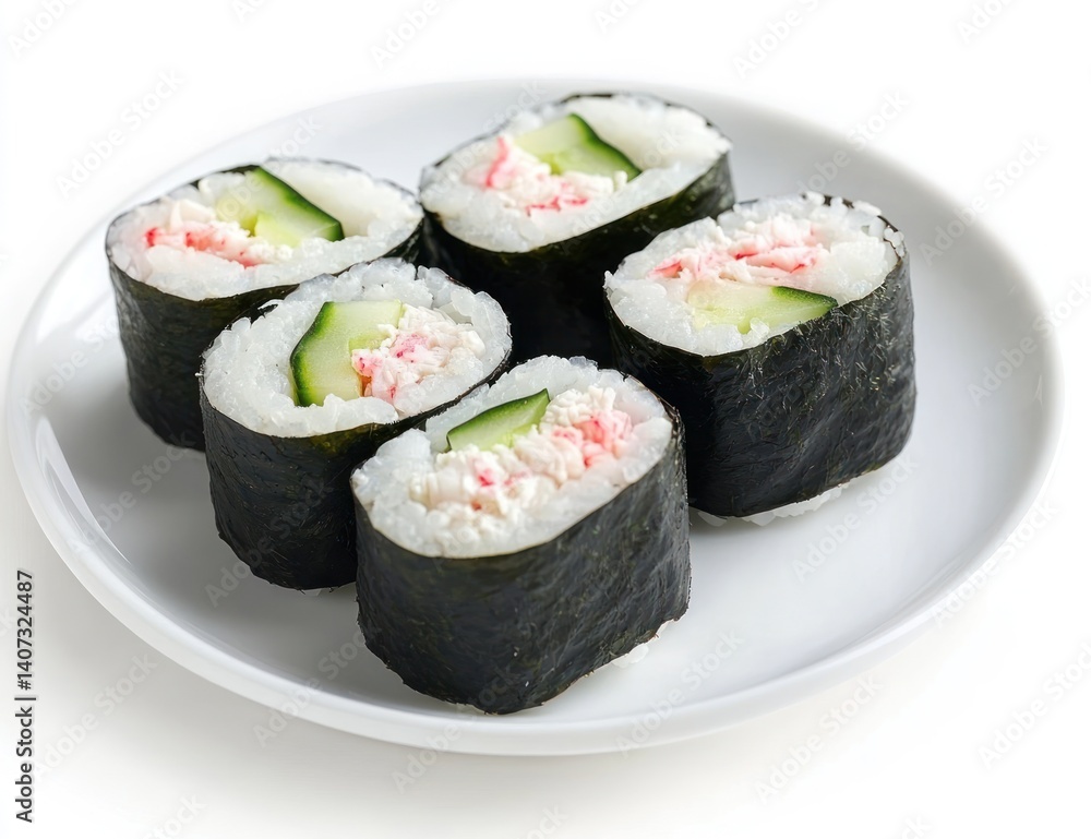 Six pieces of sushi rolls with cucumber and crab on a white plate. Six pieces of sushi rolls with cucumber and crab on a white plate.