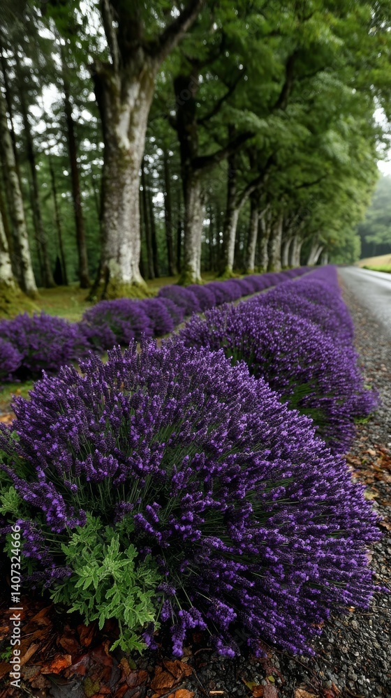 Obraz premium Stunning Lavender Field Pathway Tranquil Countryside Nature Photography Lush Environment Wide-Angle View Serenity Concept