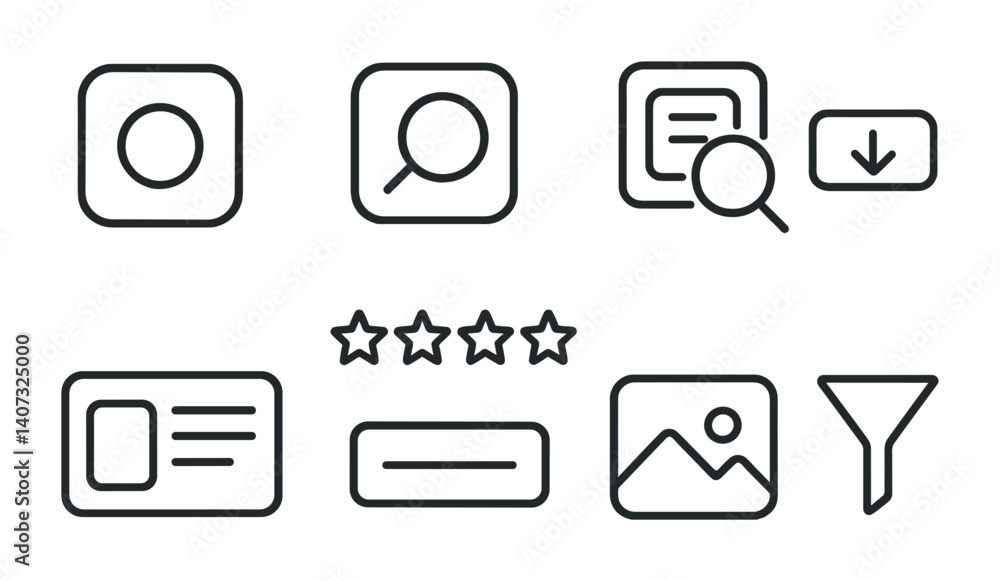 outline vector icons of parental control settings: time limit, blocked content, child profile, activity report, safe search, app control, PIN lock, bedtime mode. No text. The icons should be clean. outline vector icons of parental control settings: time limit, blocked content, child profile, activity report, safe search, app control, PIN lock, bedtime mode. No text. The icons should be clean.