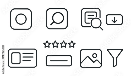 outline vector icons of parental control settings: time limit, blocked content, child profile, activity report, safe search, app control, PIN lock, bedtime mode. No text. The icons should be clean.