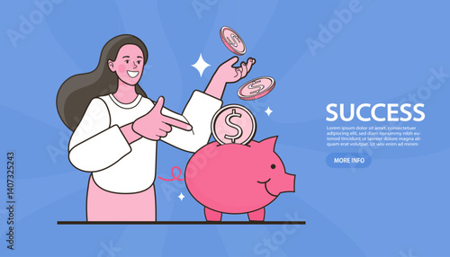 woman savings or hoard. Employee invest or save money. Family saving money. girl pointing a coin in a piggy bank. Concept of investment and finance management. Vector illustration.