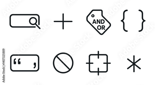 outline vector icons of data filters: funnel icon, sort button, filter bar, criteria check, refined view, advanced filters, filtered data icon, query builder. No text. The icons should be clean.