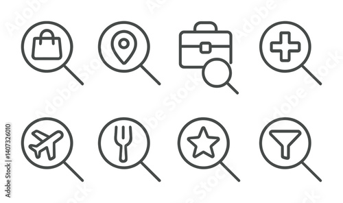 outline vector icons of vertical search: shopping vertical, local vertical, job vertical, medical search, travel search, restaurant finder, entertainment finder, niche filter. No text. The icons