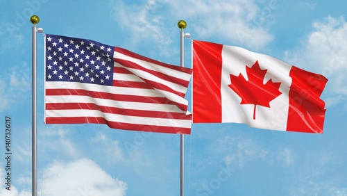 Two country flags on poles, symbolizing unity or event partnership between the USA and Canada.