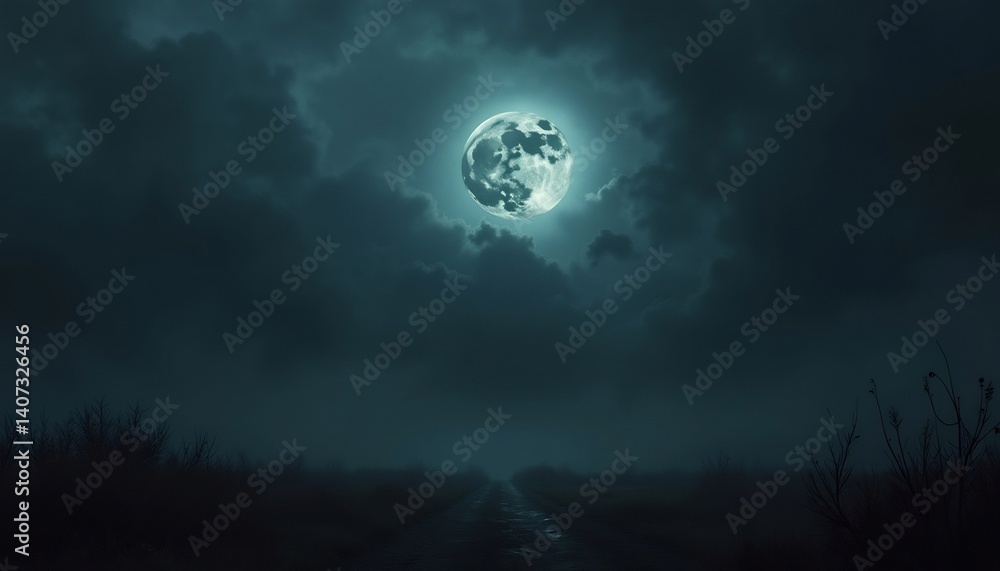 Fototapeta premium Celestial Solitude: A captivating moon illuminates a dark, enigmatic landscape, casting an ethereal glow across a serene terrain and fostering a sense of tranquility and introspection.