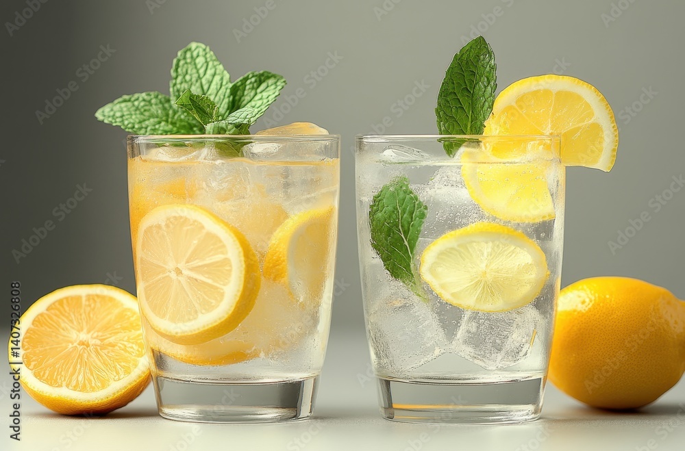 Refreshing Citrus Beverages with Lemon Slices and Mint Leaves in Glasses on a Light Background for Summer Enjoyment and Healthy Lifestyle Promotion Refreshing Citrus Beverages with Lemon Slices and Mint Leaves in Glasses on a Light Background for Summer Enjoyment and Healthy Lifestyle Promotion