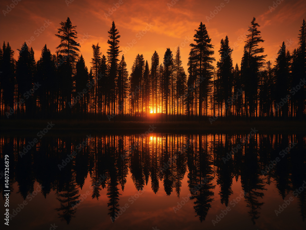 Obraz premium A pine forest at sunset features sharp needle silhouettes and glowing amber sap in the sky