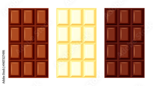 Set of tasty whole chocolate bars in cartoon style. Vector illustration of chocolate bars: milk, white, dark chocolate isolated on white background. Cocoa products. Sweet dessert. Confectionery.