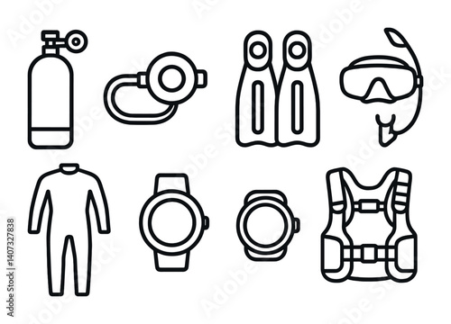 outline vector icons of scuba gear: oxygen tank, regulator, fins, mask, snorkel, wetsuit, dive computer, BCD. No text. The icons should be clean. isolated transparent background. Line icons in black