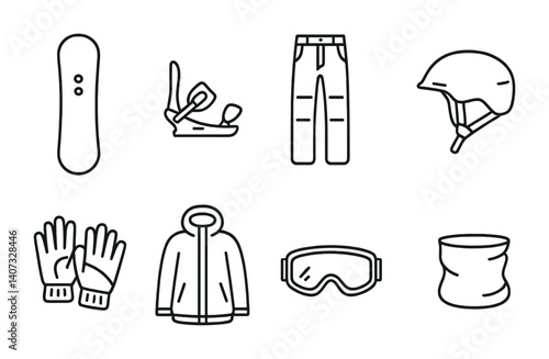outline vector icons of snowboarding gear: snowboard, bindings, snow pants, helmet, goggles, gloves, snow jacket, neck gaiter. No text. The icons should be clean. isolated transparent background.
