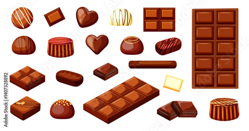 Set of milk,dark,white chocolate products in cartoon style.Vector illustration of chocolate candies,chocolate bar,with glaze,nuts,sprinkles isolated on white background.Whole and pieces of chocolate. 