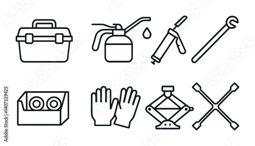 outline vector icons of home maintenance: wrench, screwdriver, drill, toolbox, ladder, pipe wrench, duct tape, sealant. No text. The icons should be clean. isolated transparent background. Line icons