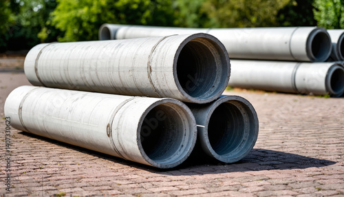 Concrete pipes stacked on a construction site with greenery background  