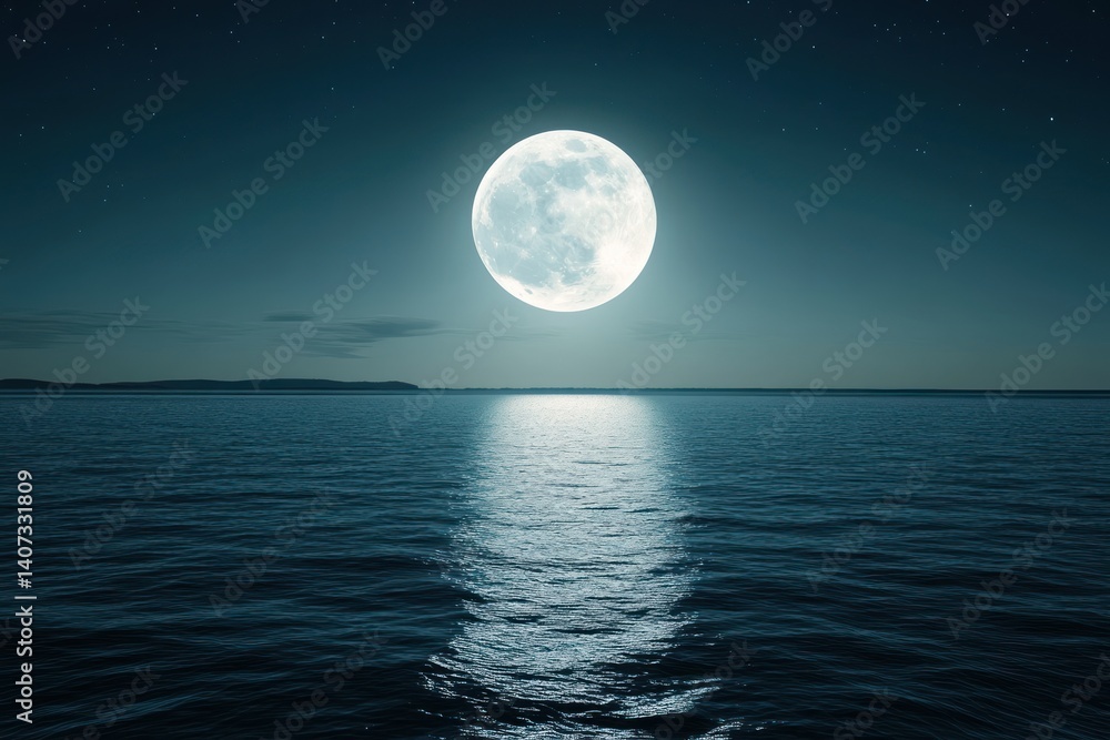 Naklejka premium Full moon shines brightly over a calm sea reflecting light on the water.