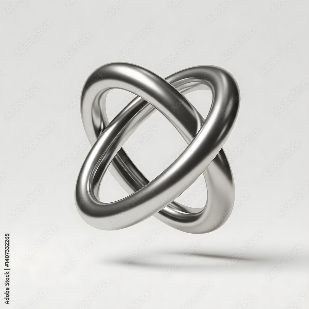Abstract 3D render: Interlocking metallic rings forming an endless knot shape. Silver chrome object symbolizing connection, unity, infinity. Isolated on light background with soft shadow. Abstract 3D render: Interlocking metallic rings forming an endless knot shape. Silver chrome object symbolizing connection, unity, infinity. Isolated on light background with soft shadow.