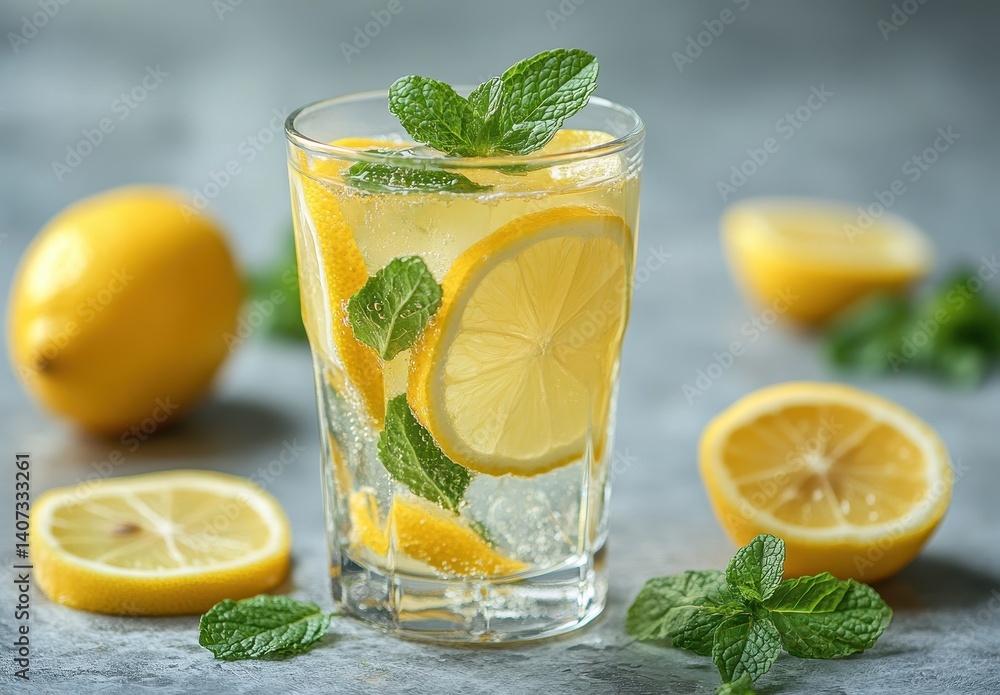Refreshing Lemonade with Mint Leaves and Slices in a Glass on a Gray Background with Whole Lemons and Fresh Mint in the Surrounding Area Refreshing Lemonade with Mint Leaves and Slices in a Glass on a Gray Background with Whole Lemons and Fresh Mint in the Surrounding Area