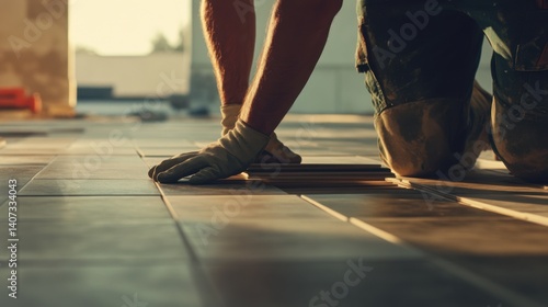 Construction laborer laying down flooring tiles. Featuring meticulousness and focus