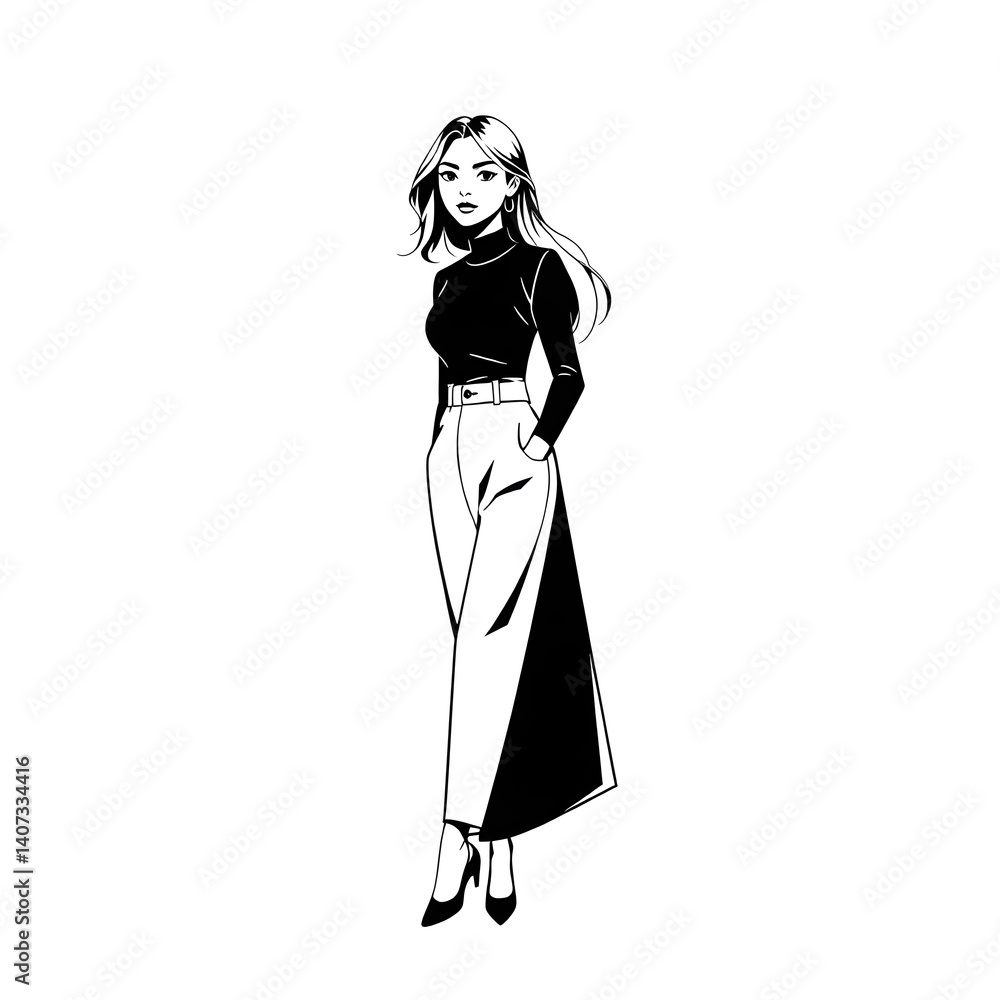 Elegant Fashion Illustration of Stylish Woman in Monochrome Outfit Elegant Fashion Illustration of Stylish Woman in Monochrome Outfit