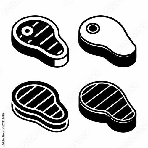 Black and White Steak Vector Icons Set.