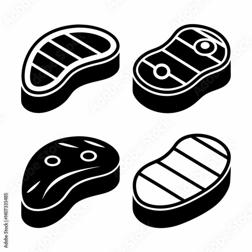 Black and White Steak Vector Icons Set.