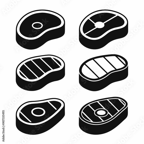 Black and White Steak Vector Icons Set.