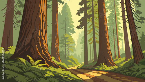 Redwood forest with sunlight streaming through trees – California
