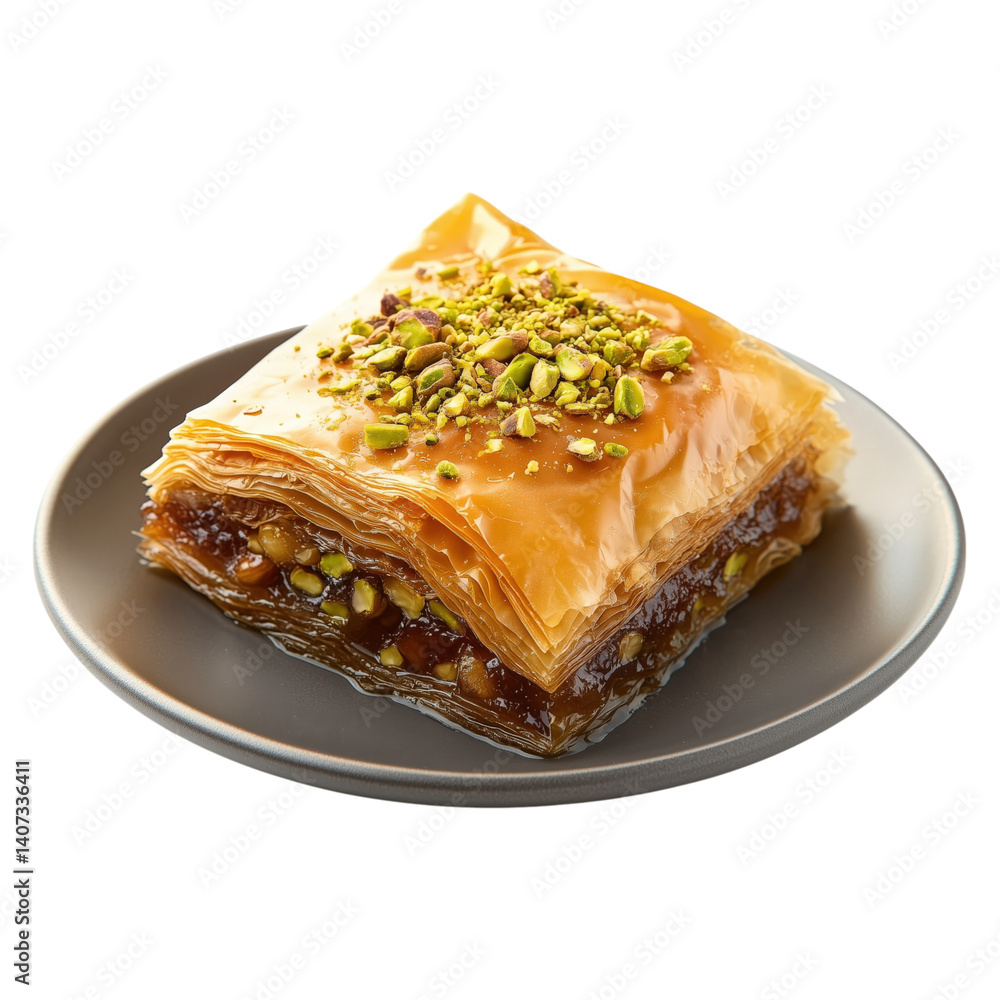 Traditional baklava slice on a plate, topped with chopped pistachios and glossy honey syrup. Crispy, sweet and delicious. Traditional baklava slice on a plate, topped with chopped pistachios and glossy honey syrup. Crispy, sweet and delicious.