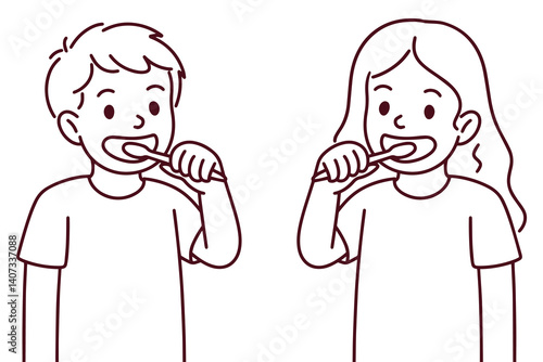 Line art illustration of a boy and girl brushing their teeth together, representing daily dental hygiene routines and health habits taught during childhood