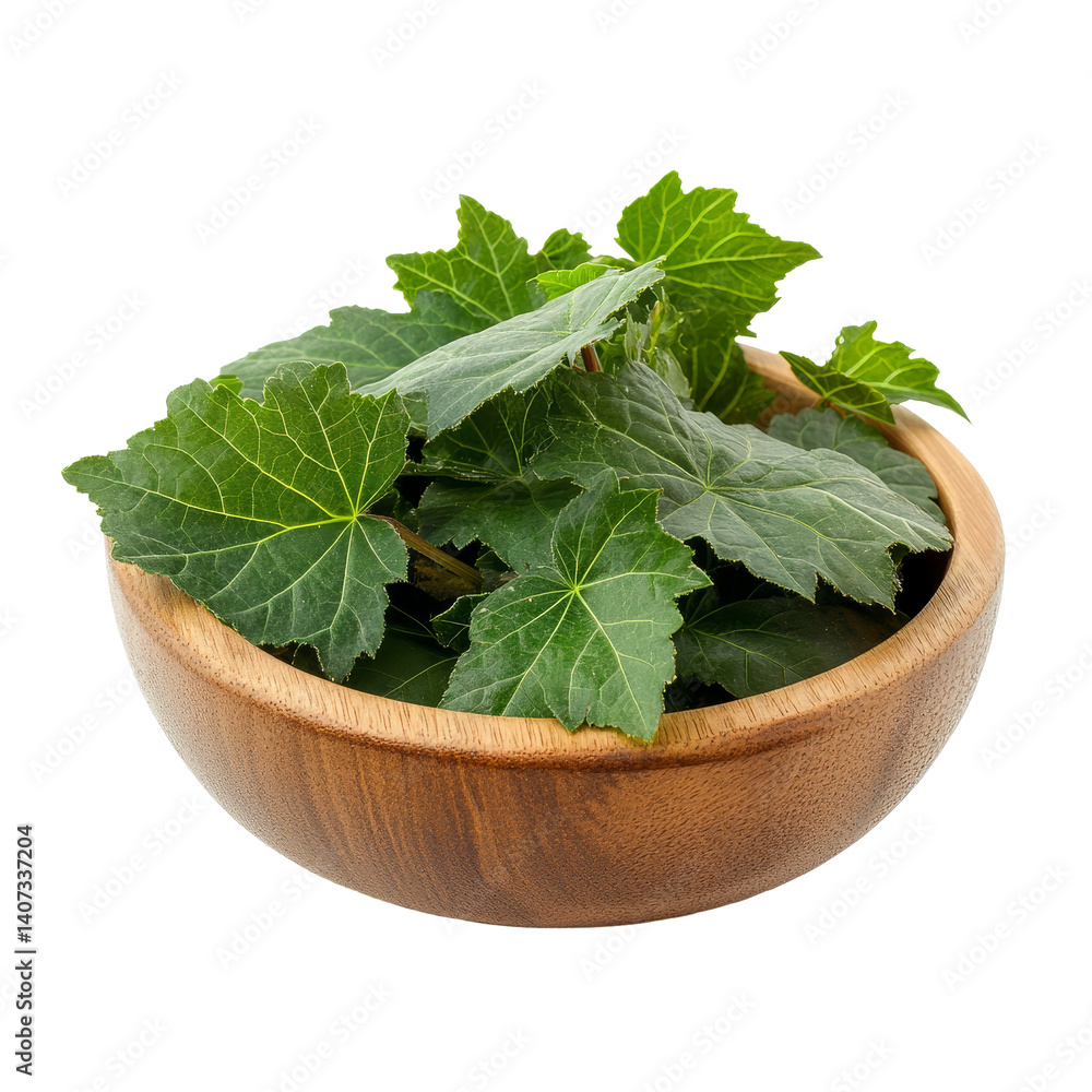 Fresh Jiaogulan Gynostemma pentaphyllum leaves in a wooden bowl against a transparent background, Jiaogulan ,Gynostemma pentaphyllum in wood bowl on transparent background