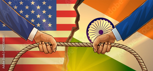 Trade war USA India concept illustration. Two hands in suits pulling a rope against a backdrop of American and Indian flags with a cracked border