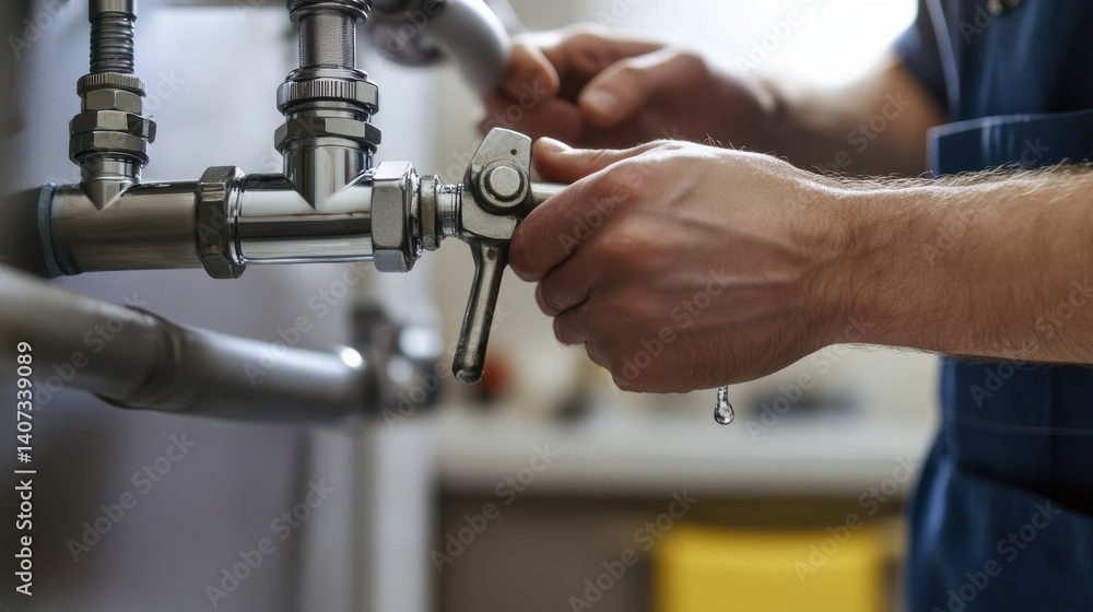 Plumbing technician installing a water filtration system. Featuring expertise and water efficiency Plumbing technician installing a water filtration system. Featuring expertise and water efficiency