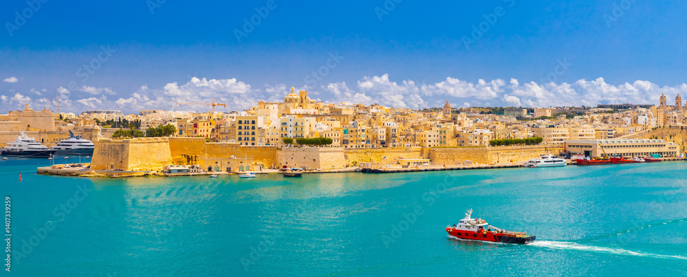 Panoramic view the Fort St. Angelo viewed from Valletta, Malta