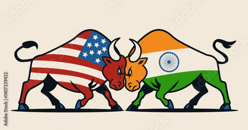 Two bulls with USA and India flags clash symbolizing trade war. Bold colors and dynamic pose on neutral background