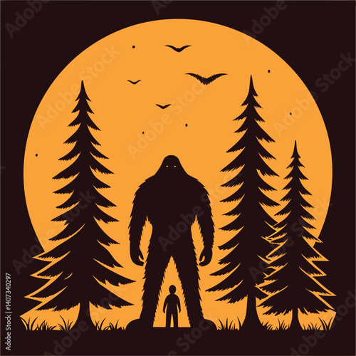 Bigfoot Silhouette in Moonlit Forest T-Shirt for Cryptid Believers.