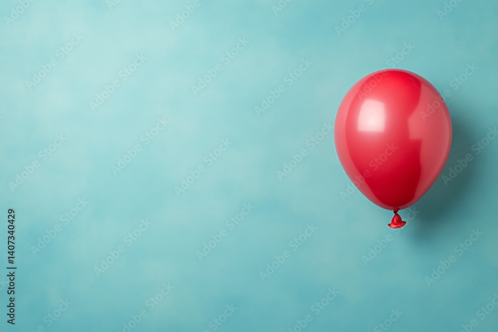 Fototapeta premium Vibrant red balloon with a glossy finish positioned on the left, creating a cheerful atmosphere against a soft pastel blue background with room for text