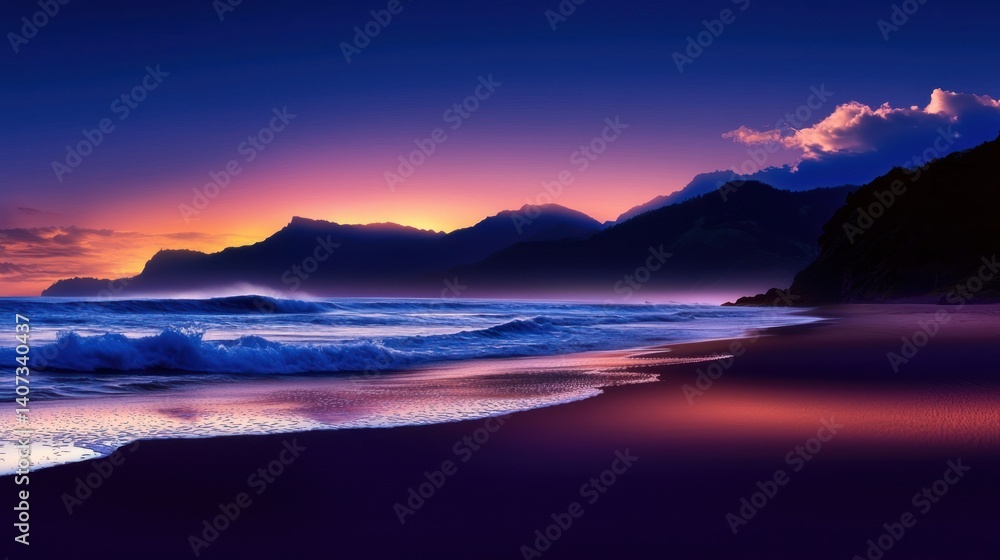Dramatic sunset beach scene with waves crashing on shore, mountains in background Dramatic sunset beach scene with waves crashing on shore, mountains in background