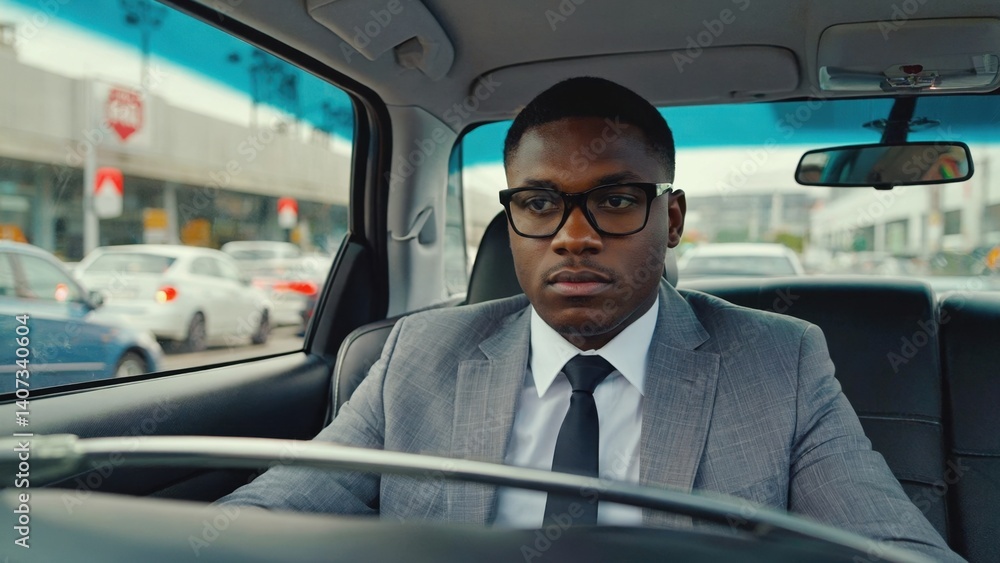 A man wearing business attire is driving a car in an urban environment, navigating through traffic. He appears focused and professional. A man wearing business attire is driving a car in an urban environment, navigating through traffic. He appears focused and professional.