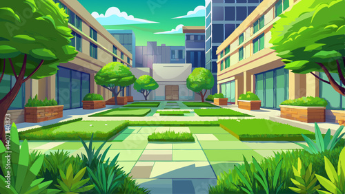 Green grass covers the ground in a peaceful city courtyard surrounded by concrete