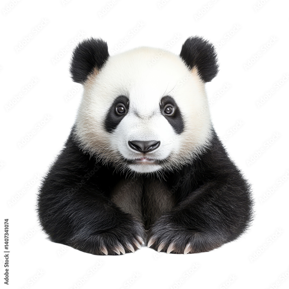 Naklejka premium Panda sitting calmly against a transparent background, showcasing its distinctive black and transparent fur and friendly expression, Panda isolated transparent background