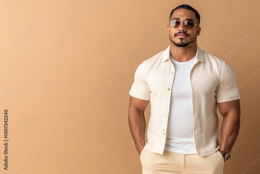 Man in tailored cream shirt and round sunglasses stands confidently against a neutral beige background, showcasing a stylish and modern look with space for text Man in tailored cream shirt and round sunglasses stands confidently against a neutral beige background, showcasing a stylish and modern look with space for text