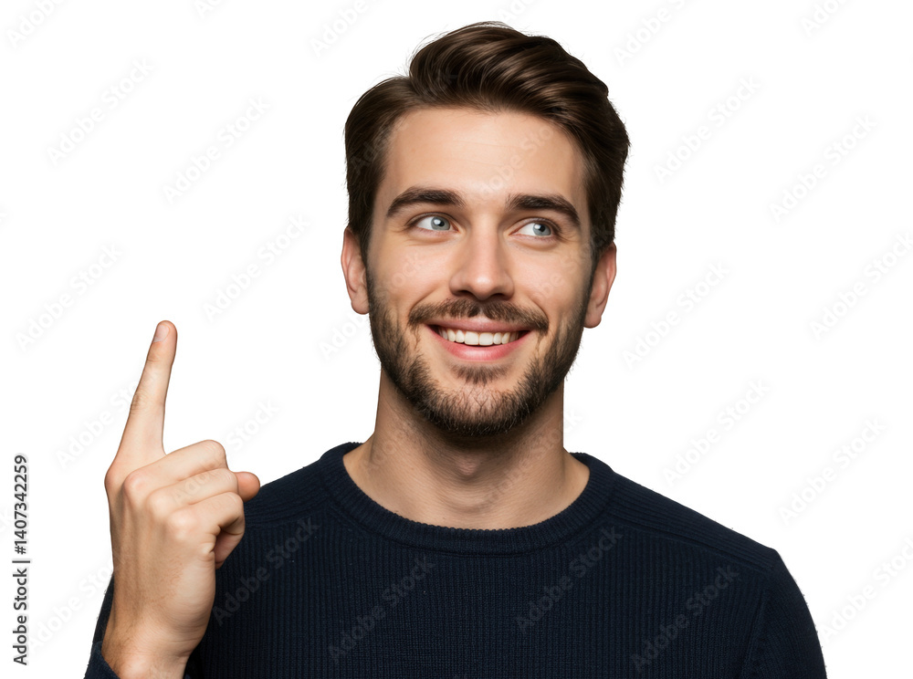 A Young Man with Dark Hair and a Charming Smile Gesturing with His Finger Raised, Expressing a Moment of Insight or Idea in a Studio Setting A Young Man with Dark Hair and a Charming Smile Gesturing with His Finger Raised, Expressing a Moment of Insight or Idea in a Studio Setting