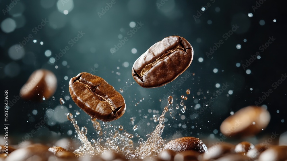 In this striking image, freshly roasted coffee beans are dramatically dropping into a splash of water, showcasing the dynamic motion and energy associated with coffee culture. In this striking image, freshly roasted coffee beans are dramatically dropping into a splash of water, showcasing the dynamic motion and energy associated with coffee culture.