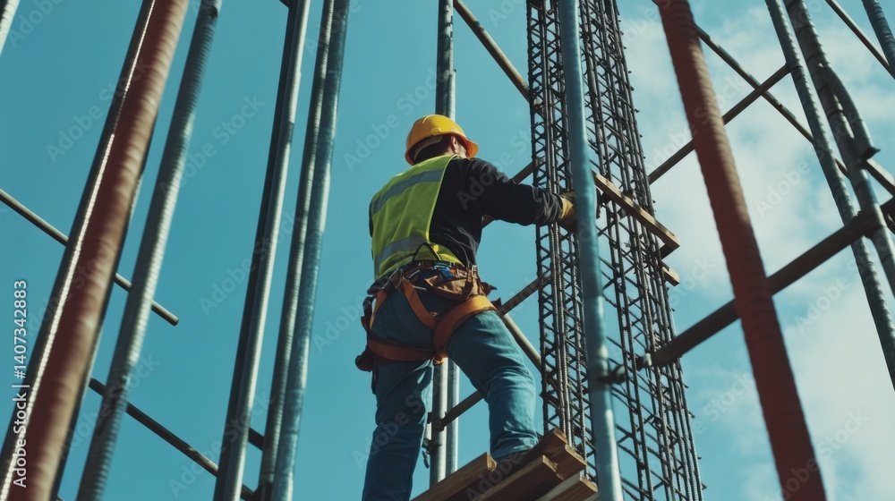 Construction laborer lifting heavy materials onto scaffolding. Featuring strength and coordination Construction laborer lifting heavy materials onto scaffolding. Featuring strength and coordination