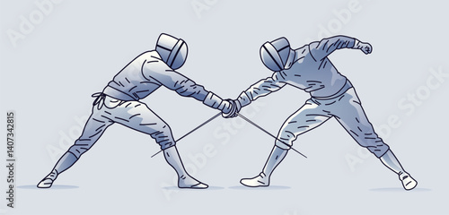 Fencing duel concept two fencers engaging in combat dynamic pose detailed suits and helmets light blue background sports competition theme