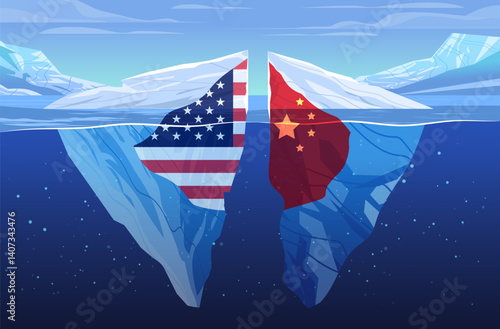 US China trade war concept iceberg flags divided in ocean blue sky background symbolic tension graphic design