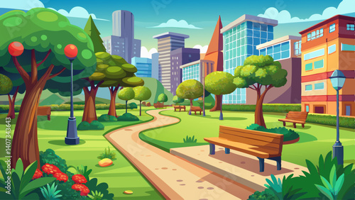 A well-maintained urban park lawn with benches, trees, and walking paths