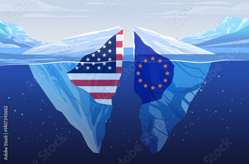 Trade war concept USA EU flags iceberg split ocean digital art